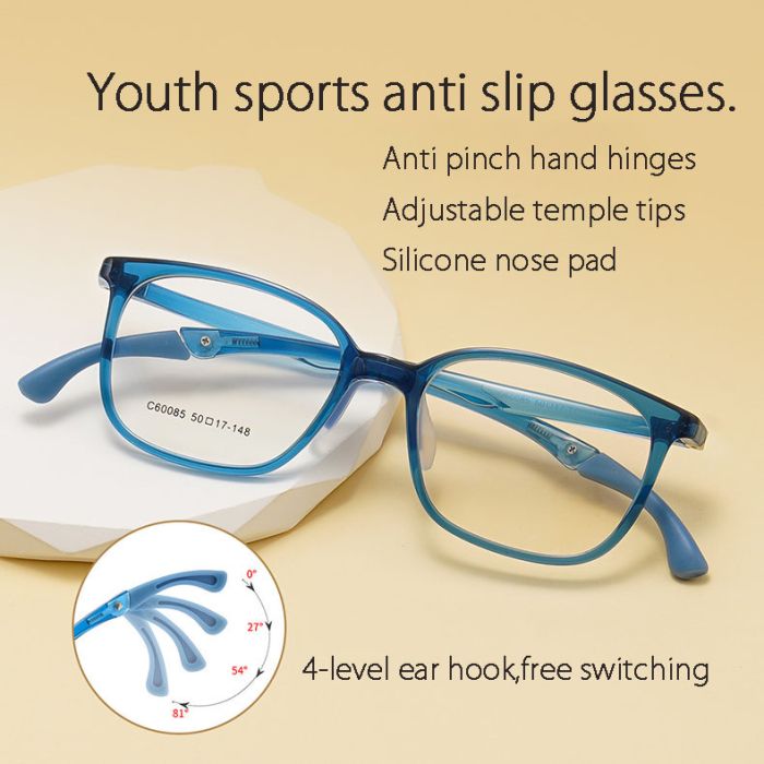 60085 Four level adjustable sports anti slip eyeglass frame for teenagers, hospital style, square silicone nose pad