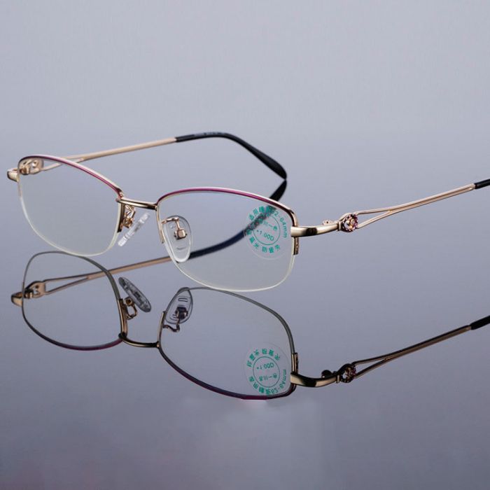 88999 Delicate female blue block reading glasses, metal half-rim